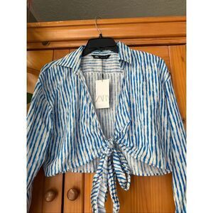 NWT ZARA Blue White Striped Linen Blend Tie Front Cropped Shirt Size L